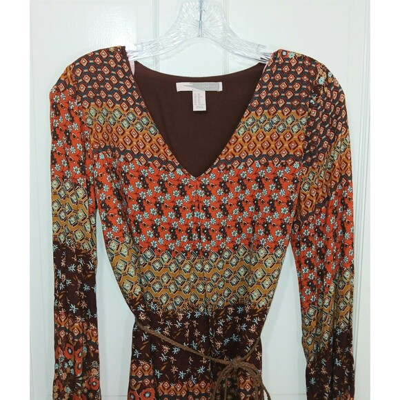 Forever 21 Southwestern XS Boho Floral Paisley Print Mini Dress Tassel Tie Brown - Picture 3 of 13